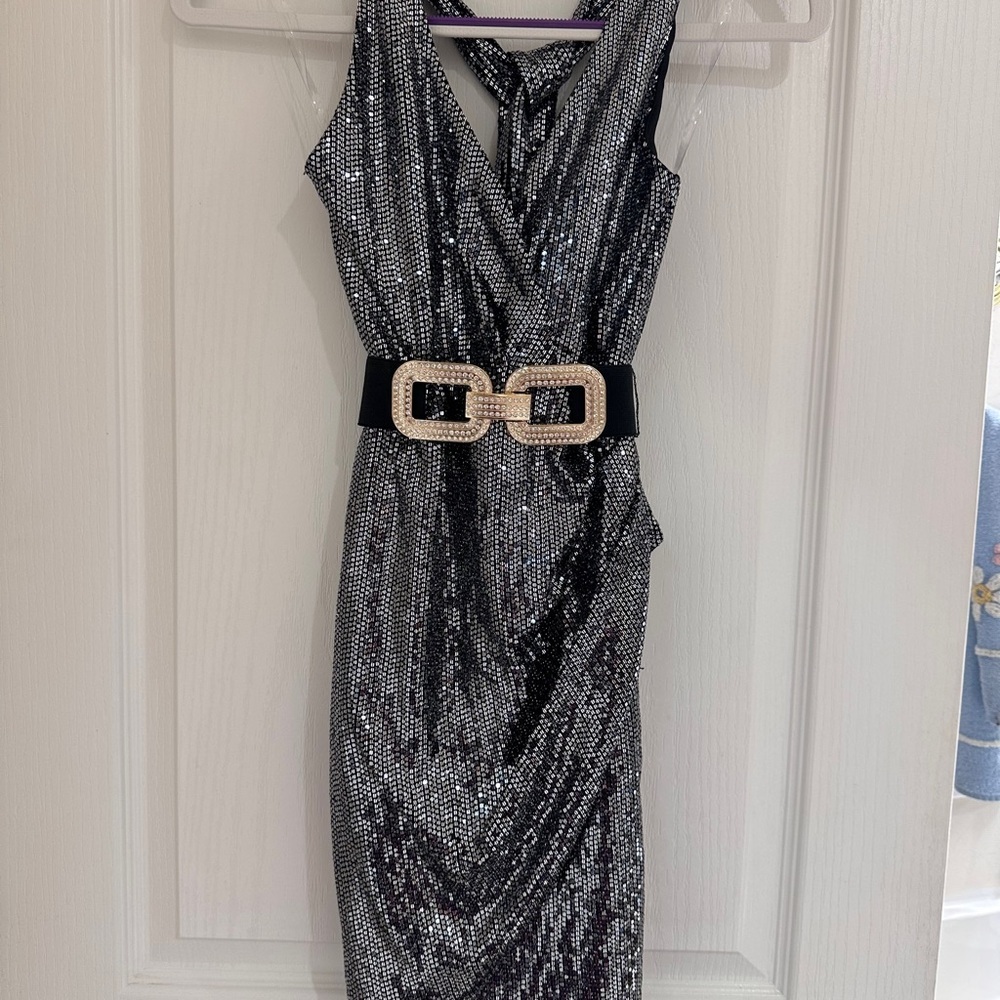 NWT Nookie Elegant Silver Sequin Dress (missing original belt) Size Small